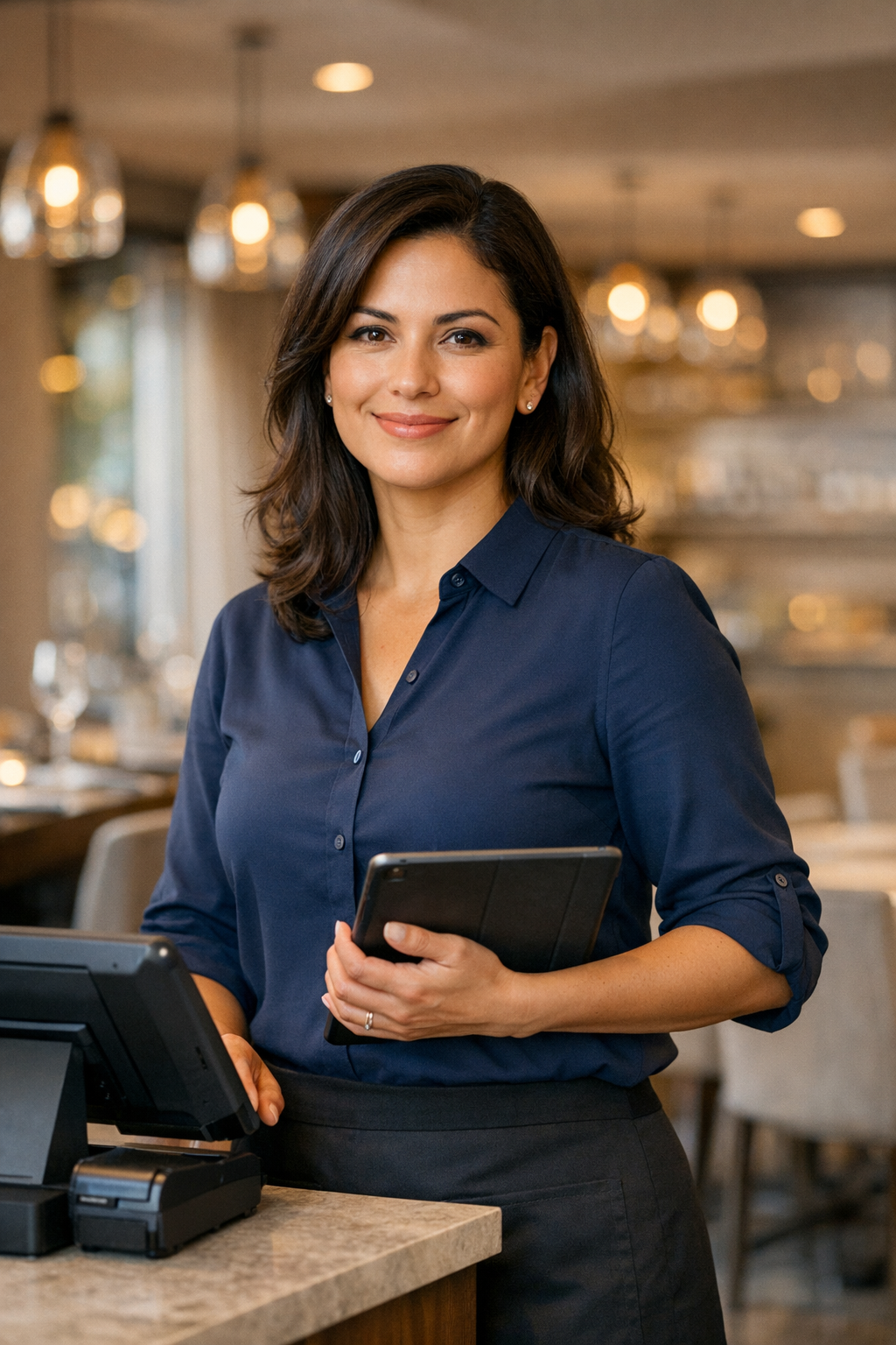 Dueña de restaurante usando Spondylus
